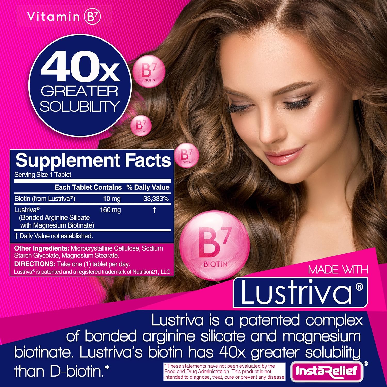 InstaRelief Hair Growth con Lustriva - Biotina 10.000 mcg, Silicio y Arginina - 60 Comprimidos