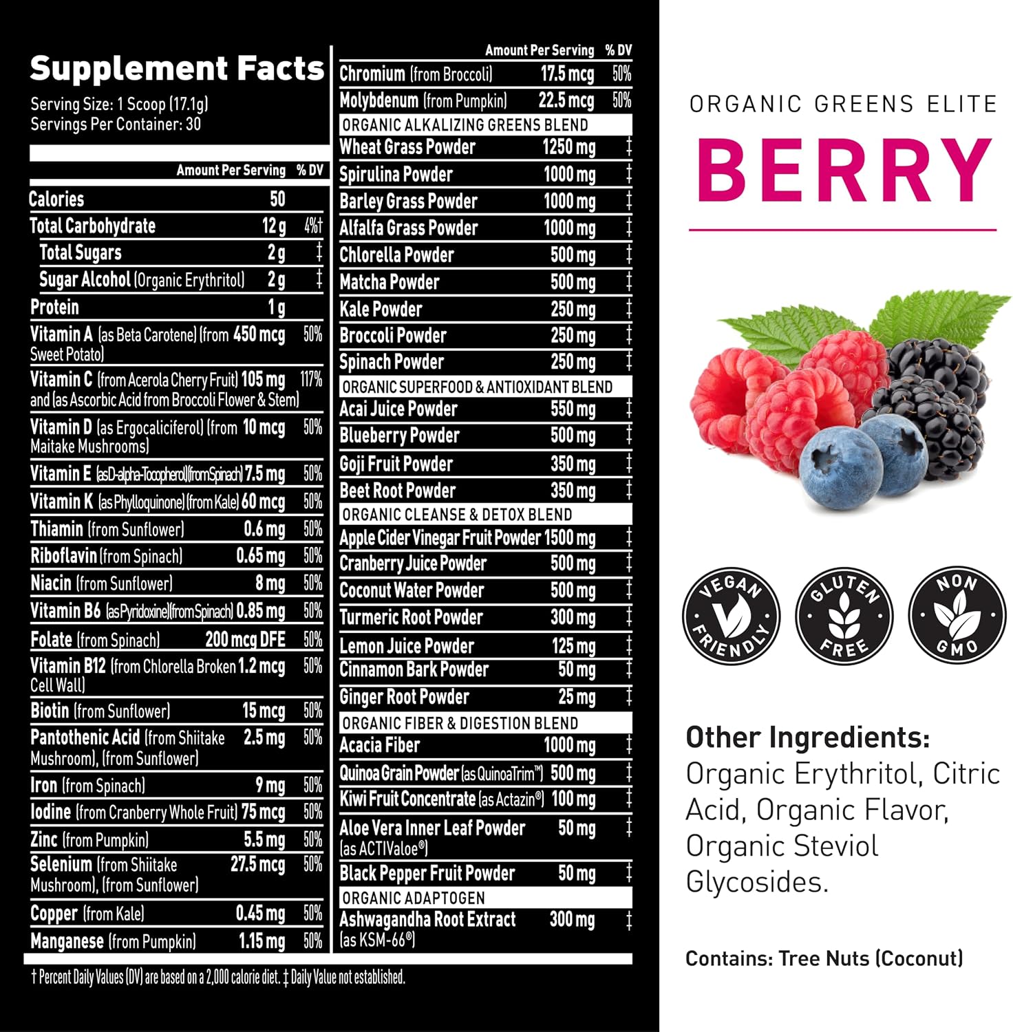 Kaged Organic Greens Elite, Superfood and Greens Powder with Apple Cider Vinegar, Adaptogen, Prebiotics, Vitamins & Minerals, Berry, 30 Servings