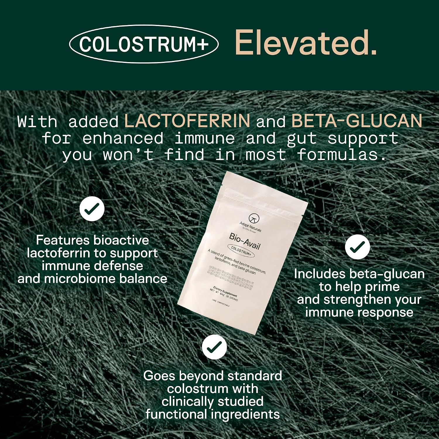 Adapt Naturals Bio-Avail Calostro Bovino con Lactoferrina y Beta-Glucano - 2500mg, 30 Días