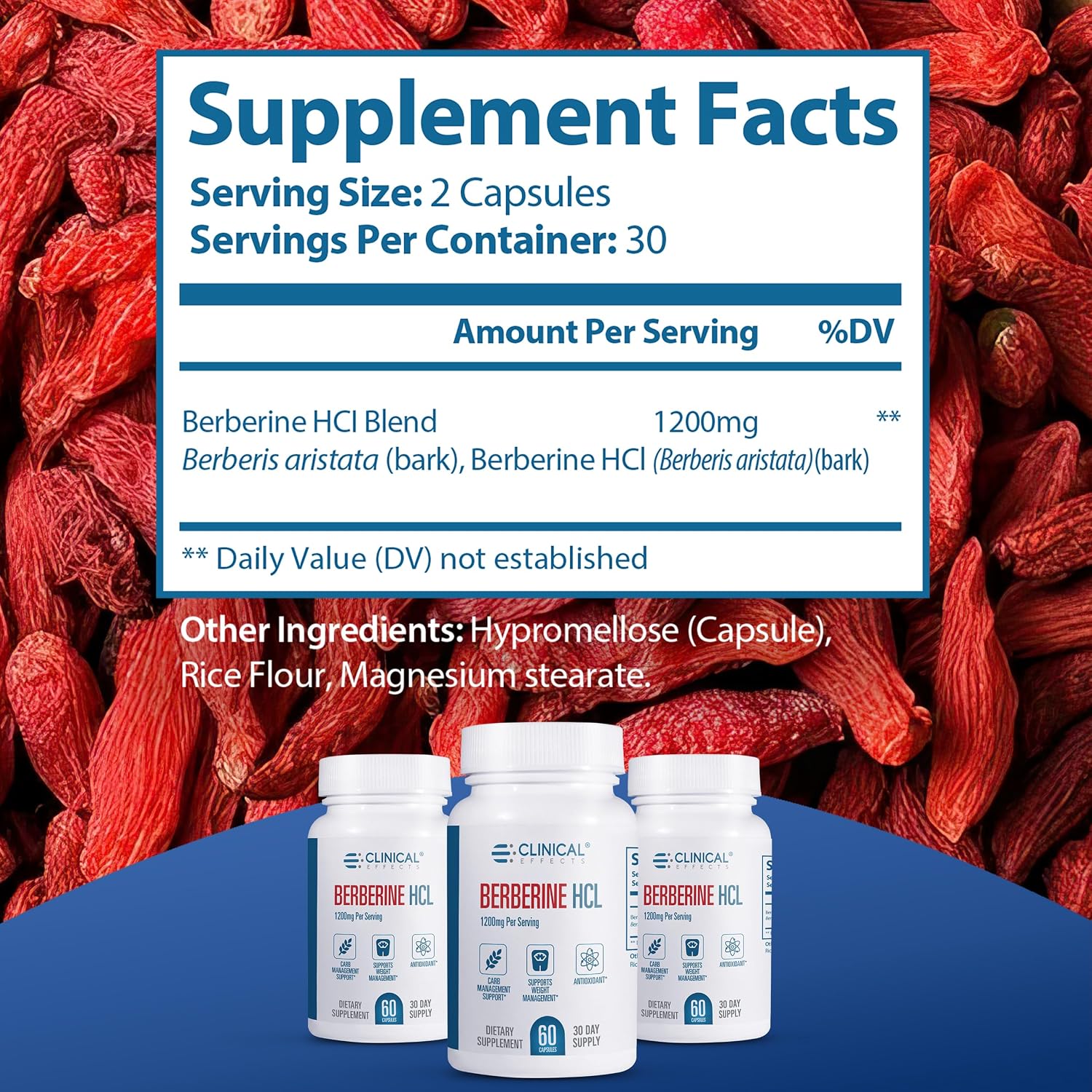 Clinical Effects Berberine HCL 1200 mg - Suplemento Vegano de Berberina Pura - 60 Cápsulas Vegetales