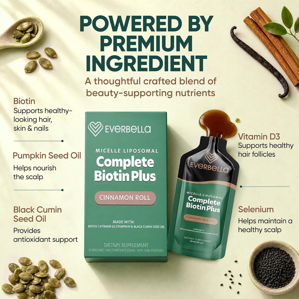 EVERBELLA Biotina Plus Liposomal - Sobres Líquidos con Aceite de Semilla de Calabaza, Comino Negro y Vitamina D3 - Apoyo para Cabello, Piel y Uñas - Sabor a Canela - 15 Sobres