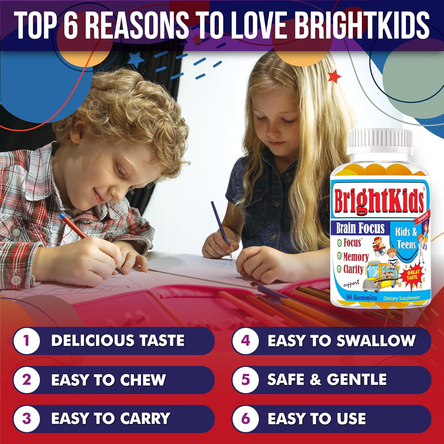 BrightKids Focus Gummies for Kids & Teens - Omega 3 DHA, Memory & Concentration