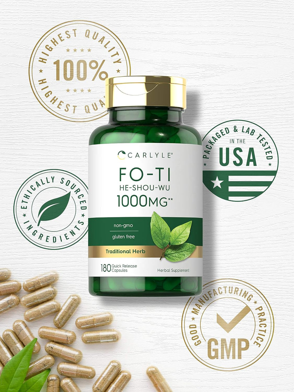 Carlyle Suplemento de Fo-Ti | 180 Cápsulas | Extracto de Raíz de He-Shou-Wu | No OGM y Sin Gluten