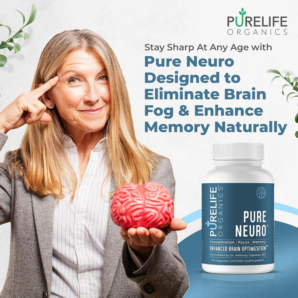 PureLife Organics Pure Neuro – Complemento para Eliminar la Niebla Mental, Apoyo a la Memoria y Enfoque – 60 Cápsulas Veganas y Sin Gluten – Fórmula del Doctor