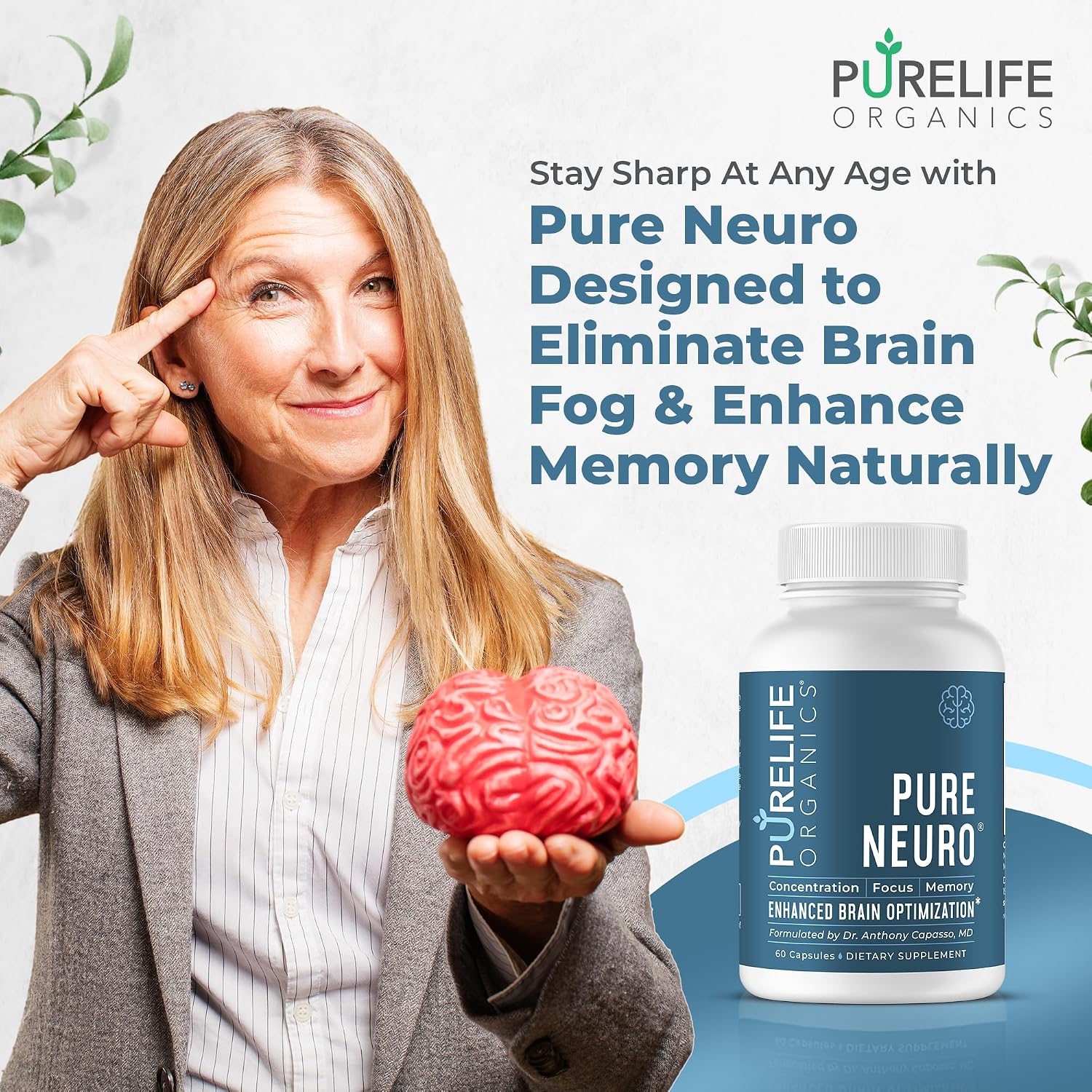 PureLife Organics Pure Neuro – Complemento para Eliminar la Niebla Mental, Apoyo a la Memoria y Enfoque – 60 Cápsulas Veganas y Sin Gluten – Fórmula del Doctor