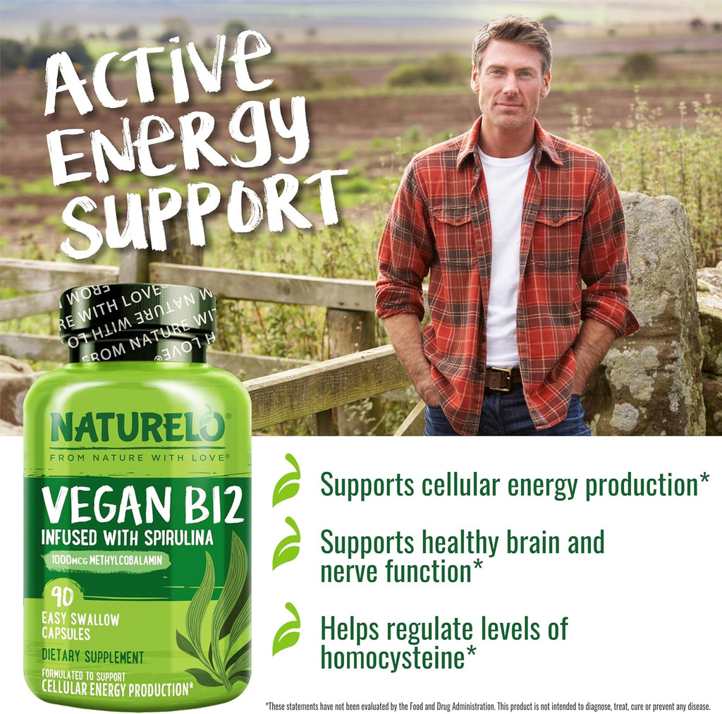 NATURELO Vitamina B12 Vegana - Metilcobalamina 1000 mcg con Espirulina Orgánica - 90 Cápsulas (Pack de 2)