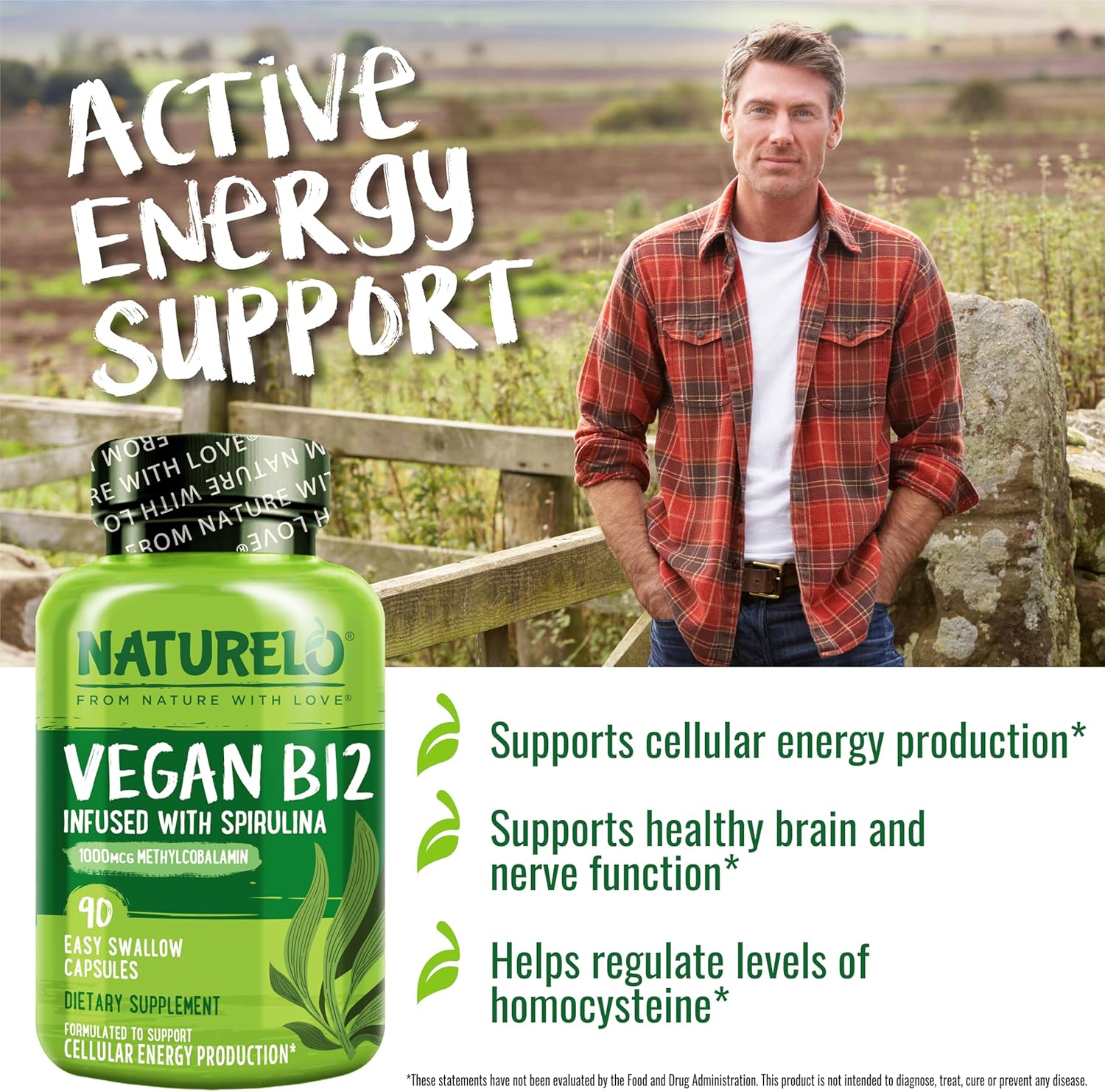 NATURELO Vitamina B12 Vegana - Metilcobalamina 1000 mcg con Espirulina Orgánica - 90 Cápsulas (Pack de 2)