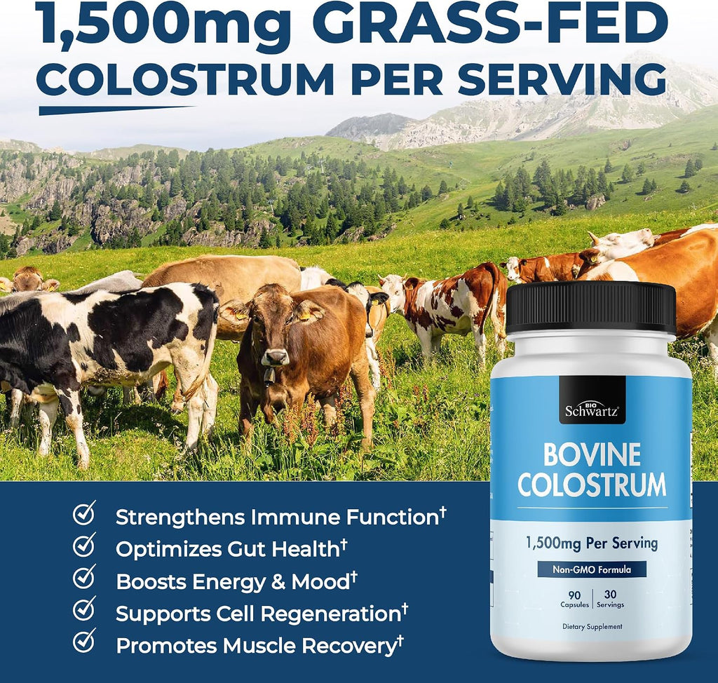 Colostro Bovino Extra Fuerte 1500mg por Dosis – Cápsulas de Colostro de Vaca Alimentada con Pasto – Apoya la Salud Intestinal e Inmunitaria – No-GMO, Sin Gluten, 90 Cápsulas