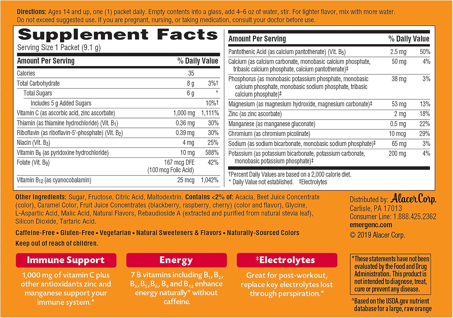 Emergen-C Original Formula Vitamina C 1000mg - 30 Sobres Sabor Frambuesa