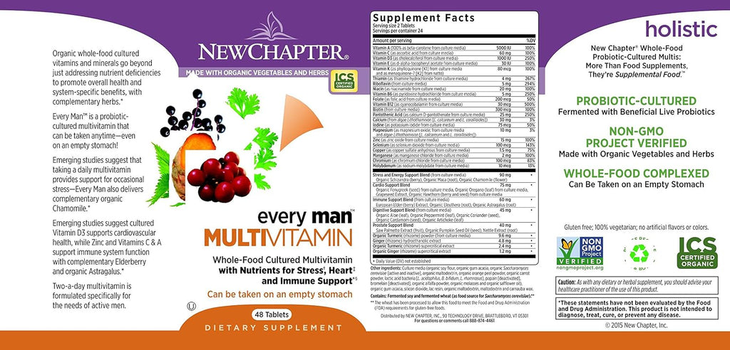 New Chapter Men's Multivitamin, Every Man, Fermented with Probiotics + Selenium + B Vitamins + Vitamin D3 + Organic Non-GMO Ingredients - 48 Tablets