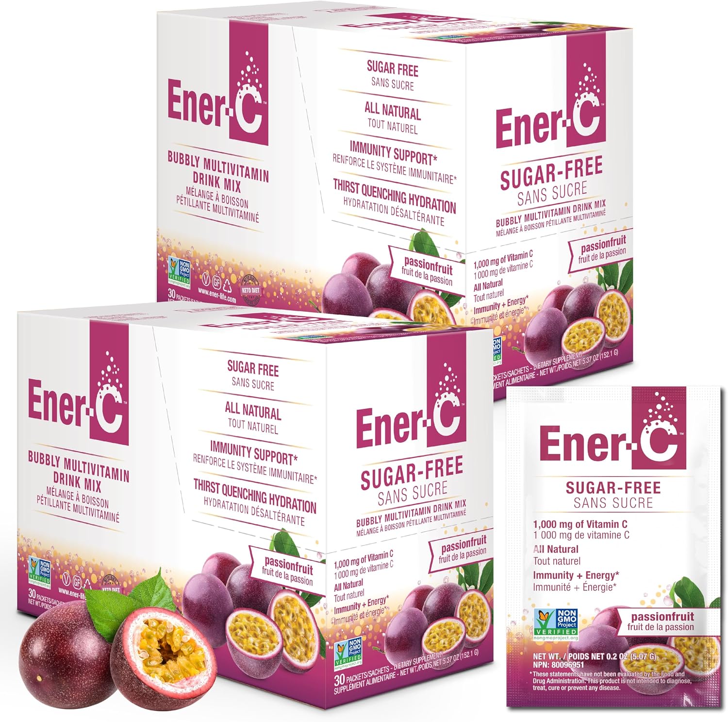 Ener-C Sugar Free Multivitamin Drink Mix - Sabor Maracuyá, 60 Sobres | Mezcla de Vitaminas y Electrolitos sin Azúcar