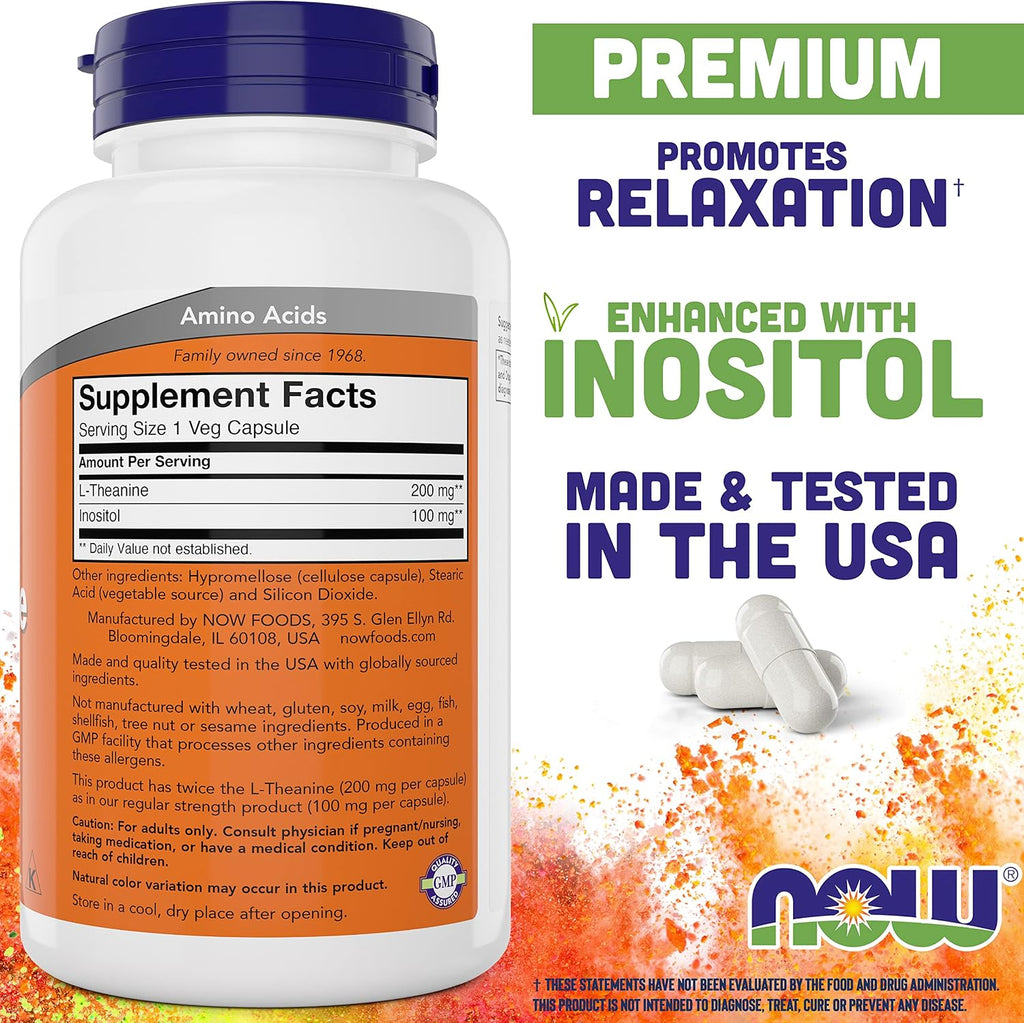 NOW Foods L-Theanina, Doble Concentración 200 mg por Cápsula con Inositol - 180 Cápsulas Vegetales (Pack de 2)