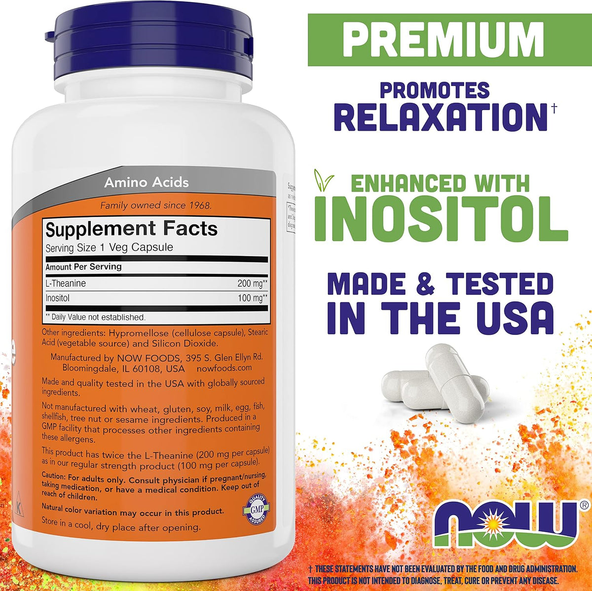 NOW Foods L-Theanine 200 mg con Inositol 100 mg, 180 Cápsulas Vegetales - Doble Concentración – Image 2