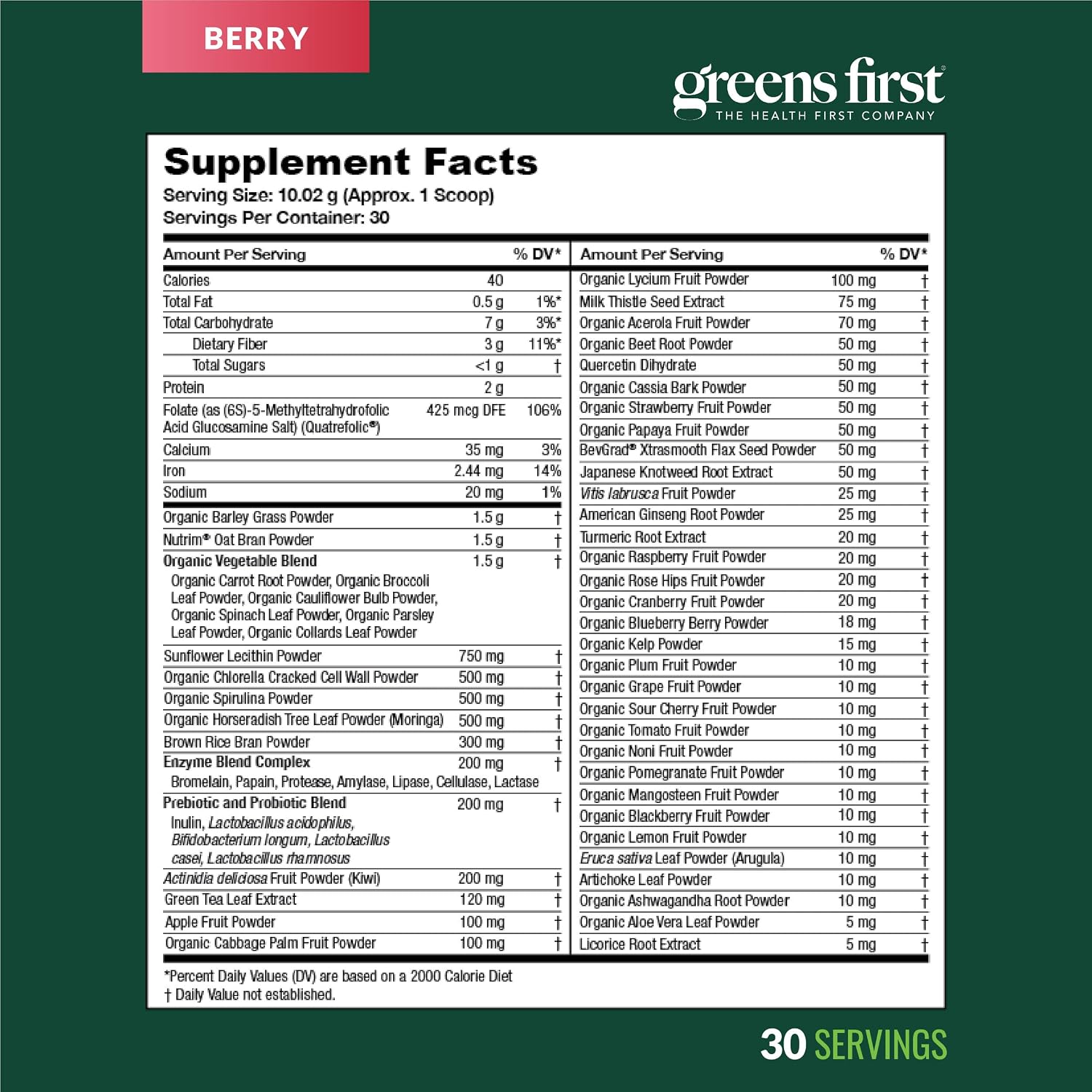 Greens First Original Greens Powder - Superfoods with 49 Organic Ingredients - Probiotics & Digestive Enzymes - Berry Flavor - 30 Servings