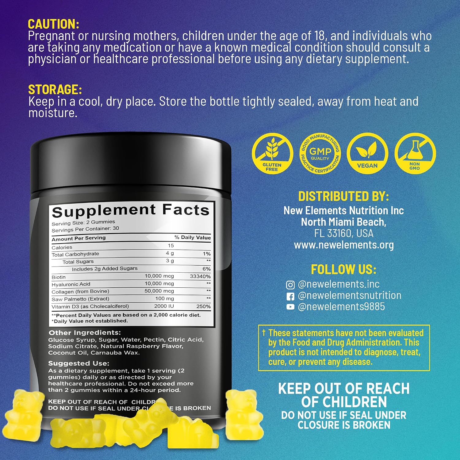 New Elements Gomitas de Biotina con Colágeno, Vitamina D3, Saw Palmetto y Ácido Hialurónico para Cabello, Piel y Uñas | Sin OGM, Sin Gluten, Sabor Natural a Piña