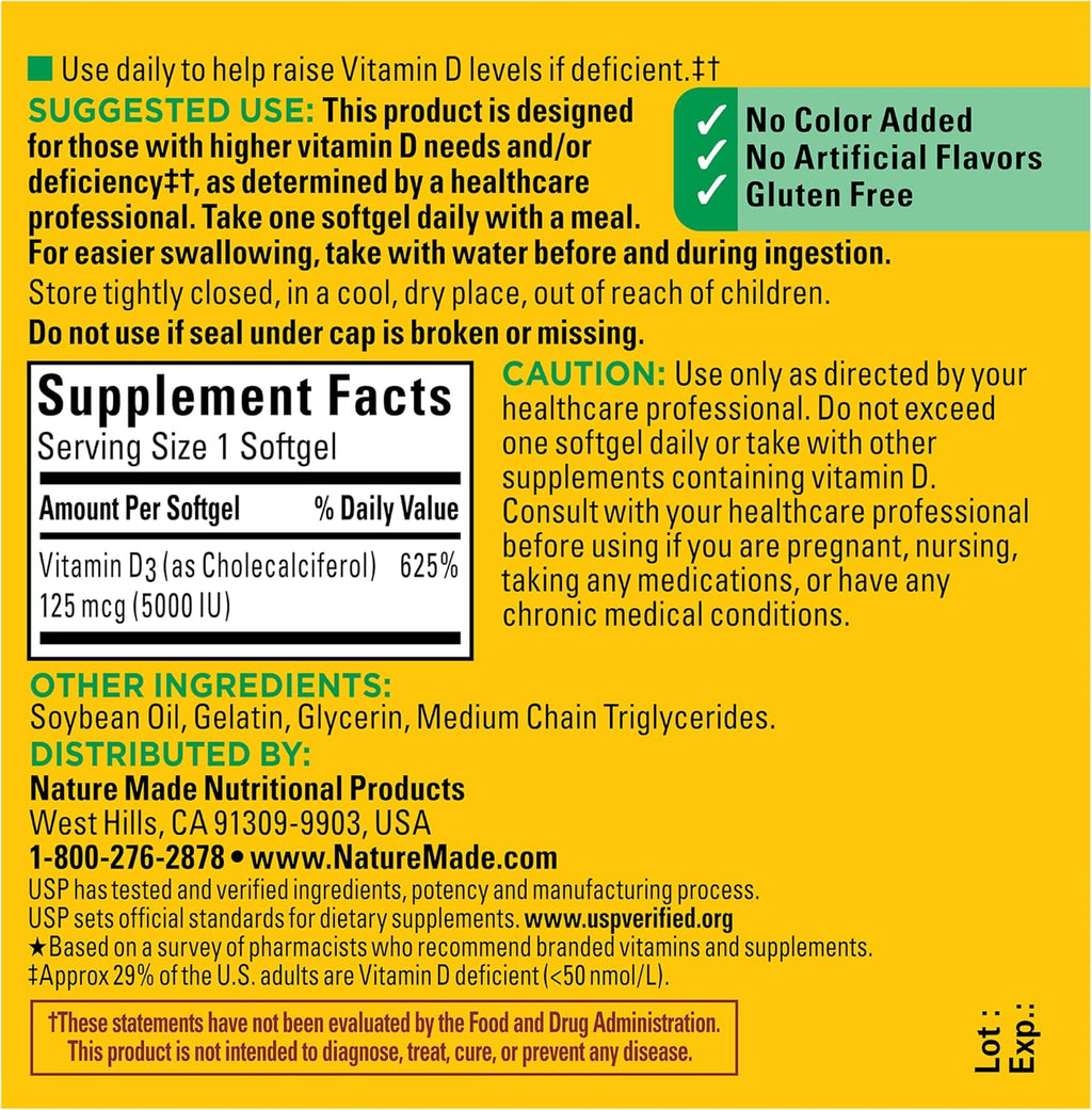 Nature Made Vitamina D3 5000 UI (125 mcg) Softgels, 180 unidades