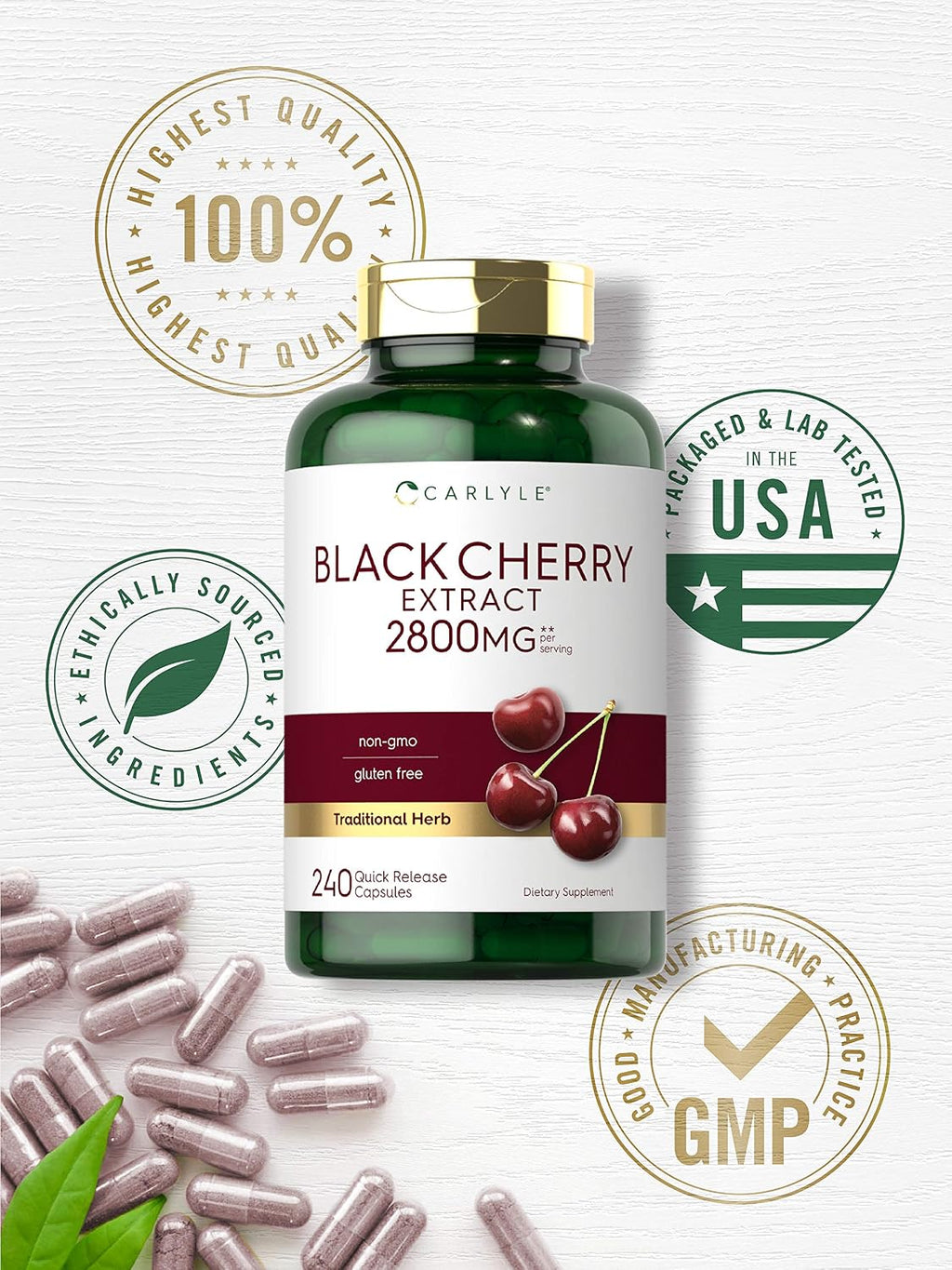 Carlyle Extracto de Cereza Negra Concentrado | 240 Cápsulas | Fórmula No Transgénica y Sin Gluten