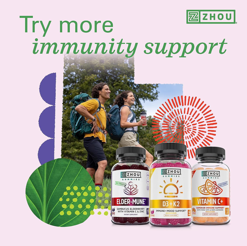 Zhou D3+K2 - Suplemento de Vitamina D3 y K2, 5000 UI D3 y 90 mcg MK-7, 60 Cápsulas Vegetales