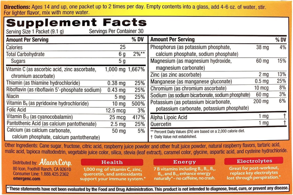 Emergen-C Frambuesa, 30 Sobres Efervescentes