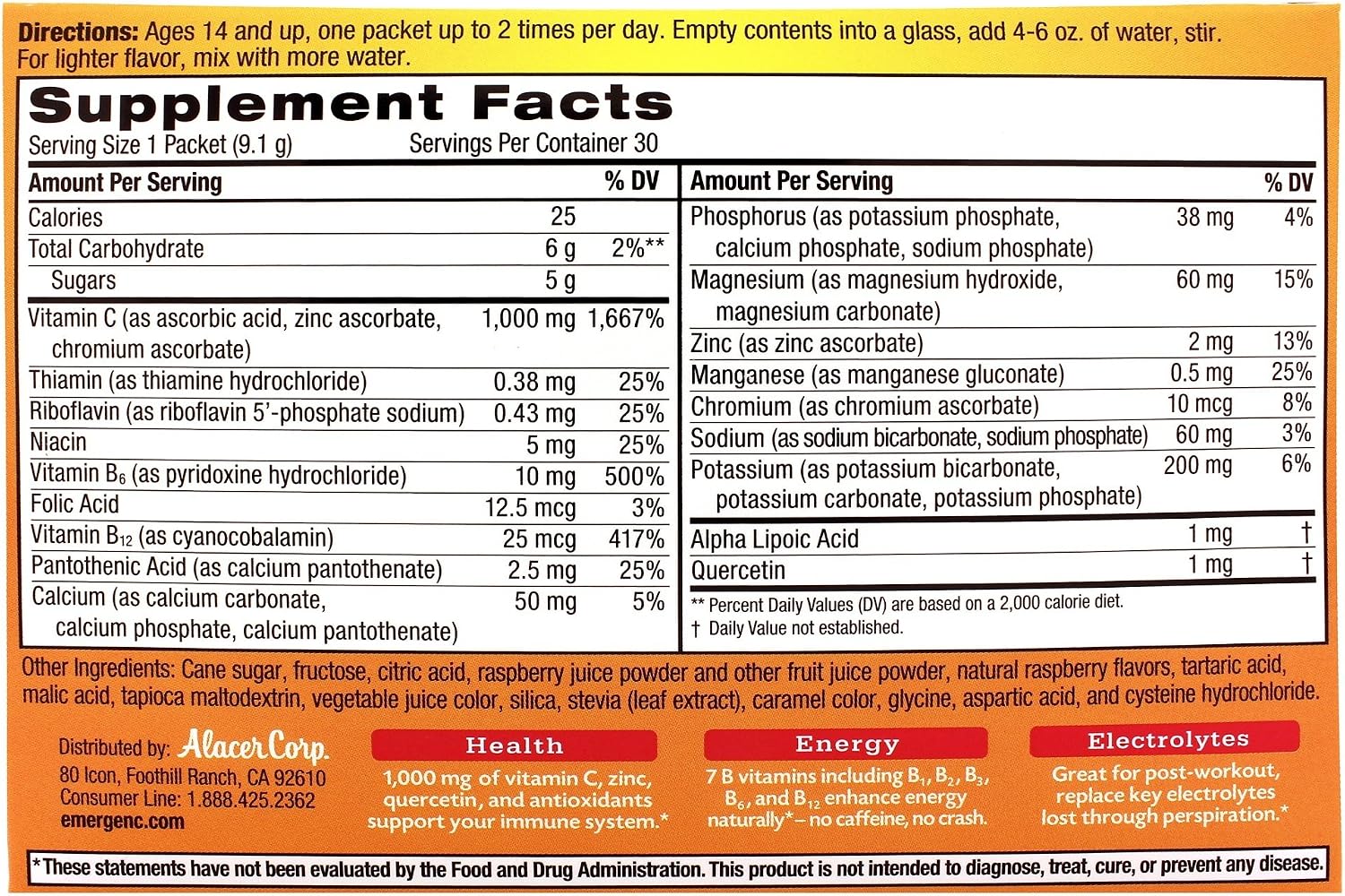 Emergen-C Frambuesa, 30 Sobres Efervescentes