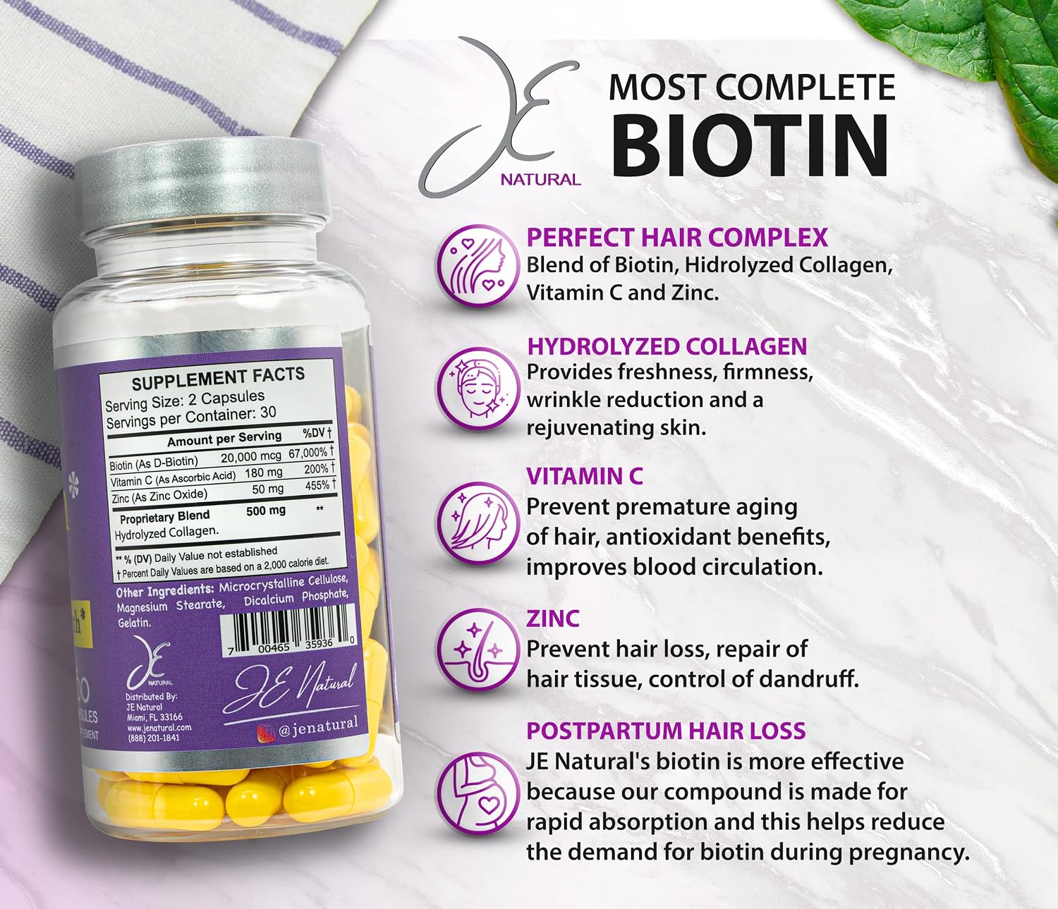 JE Natural Biotina para Cabello, Piel y Uñas, 20.000 μg, con Vitamina C y Colágeno, 60 Cápsulas
