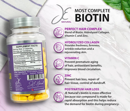 JE Natural Biotina para Cabello, Piel y – Sistema nervioso: La biotina contribuye al funcionamiento normal del – Image 2