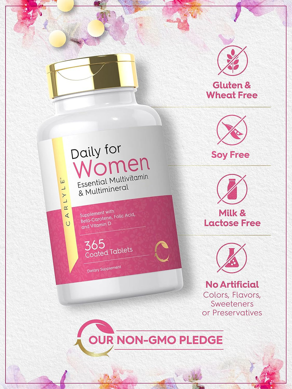 Carlyle Multivitamínico y Multimineral para Mujeres - 365 Comprimidos - Con Betacaroteno, Ácido Fólico y Vitamina D