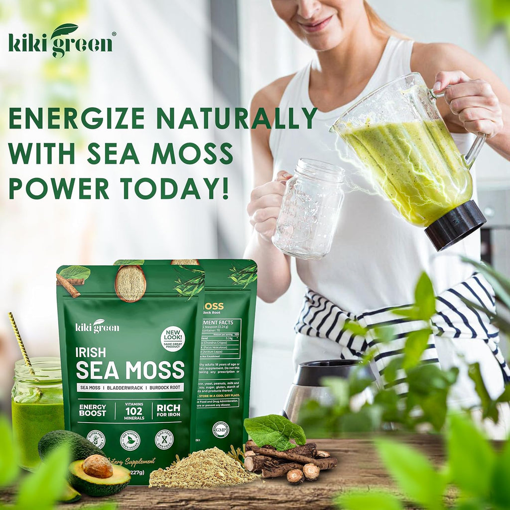 Irish Sea Moss Powder 8 Oz - con Bladderwrack y Burdock Root - Suplemento Vegano y Sin Gluten