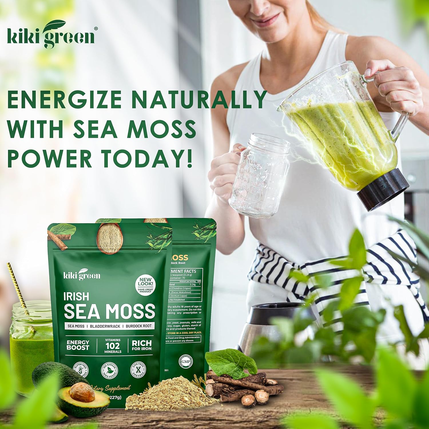 Irish Sea Moss Powder 8 Oz - con Bladderwrack y Burdock Root - Suplemento Vegano y Sin Gluten