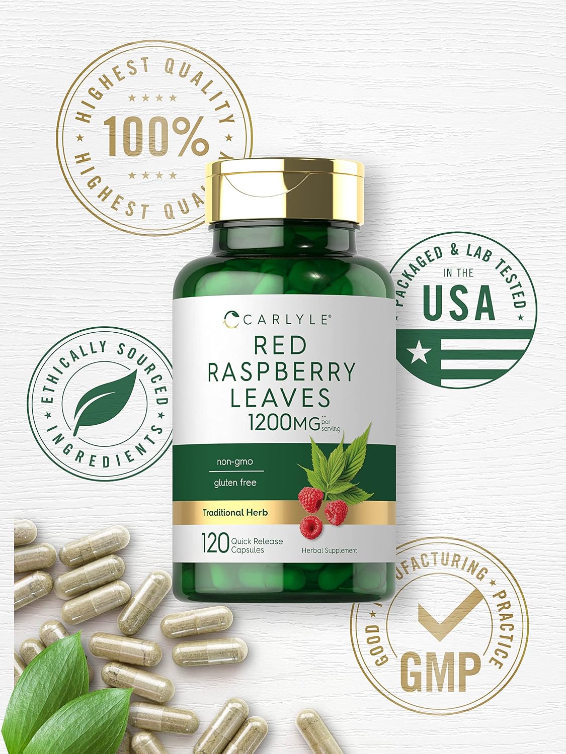 Carlyle Cápsulas de Hoja de Frambuesa Roja - 120 Cápsulas, Extracto Herbal Tradicional, Fórmula No-GMO y Sin Gluten