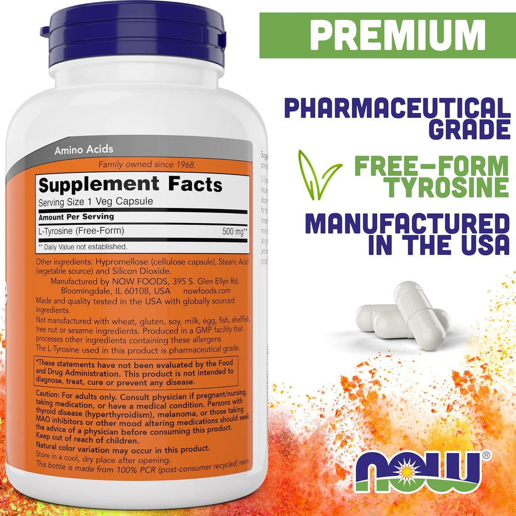 NOW Foods L-Tyrosine 500mg, 300 Cápsulas (Pack de 2) - Suplemento No Transgénico