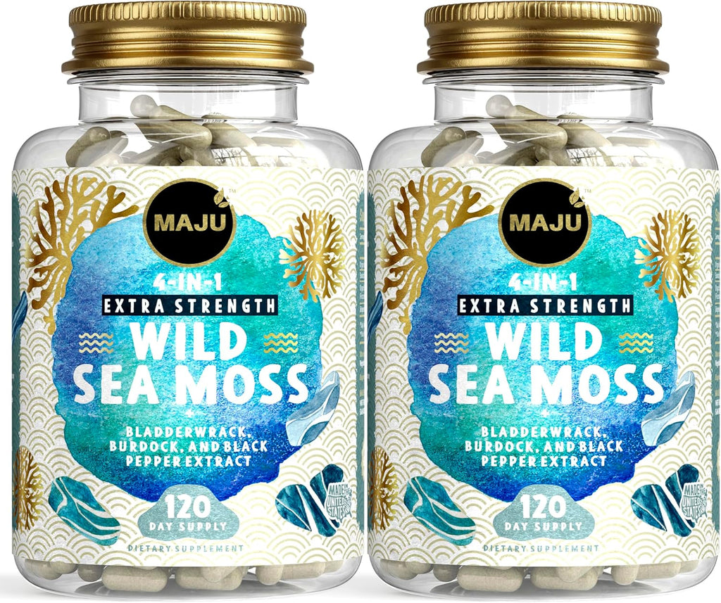 MAJU Wild Irish Sea Moss Cápsulas 4 en 1 (120ct) con Bladderwrack y Bardana