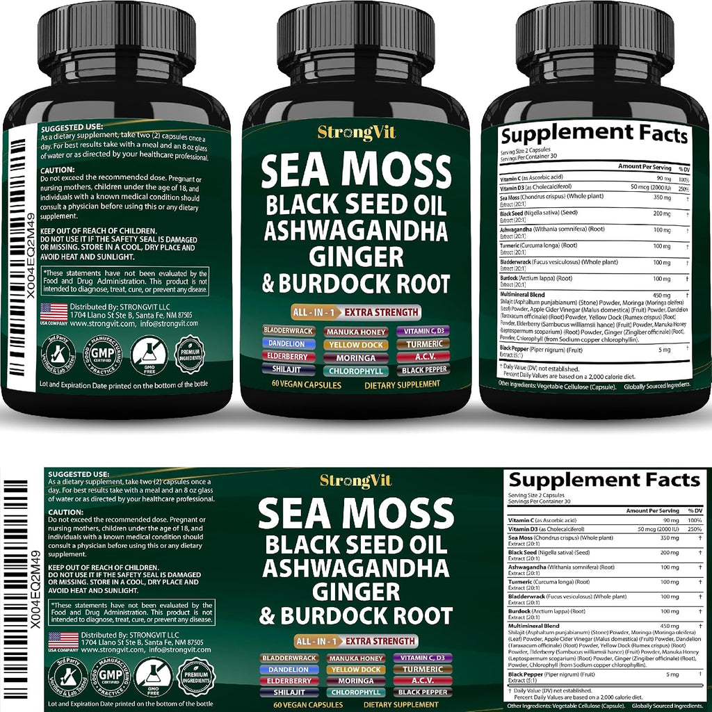 StrongVit Cápsulas de Sea Moss Orgánico con Aceite de Semilla Negra, Ashwagandha y Jengibre, Raíz de Bardana y Vejiga de Mar, Suplemento Multimineral Avanzado