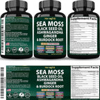 StrongVit Cápsulas de Sea Moss Orgánico con Aceite de Semilla Negra, Ashwagandha y Jengibre, Raíz de Bardana y Vejiga de Mar, Suplemento Multimineral Avanzado
