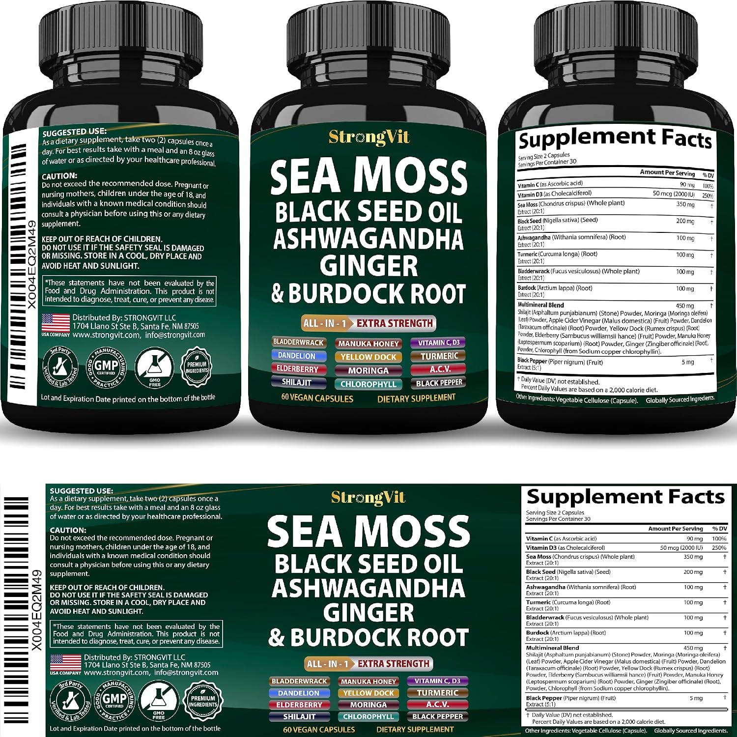 StrongVit Cápsulas de Sea Moss Orgánico con Aceite de Semilla Negra, Ashwagandha y Jengibre, Raíz de Bardana y Vejiga de Mar, Suplemento Multimineral Avanzado