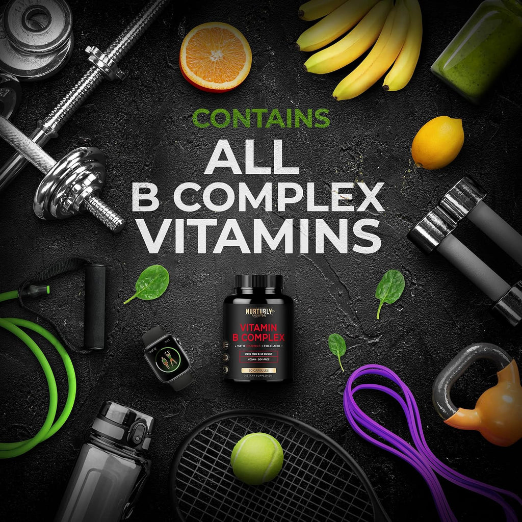 NURTURLY Complejo B con Vitamina C – Todas las Vitaminas B Esenciales – 90 Cápsulas