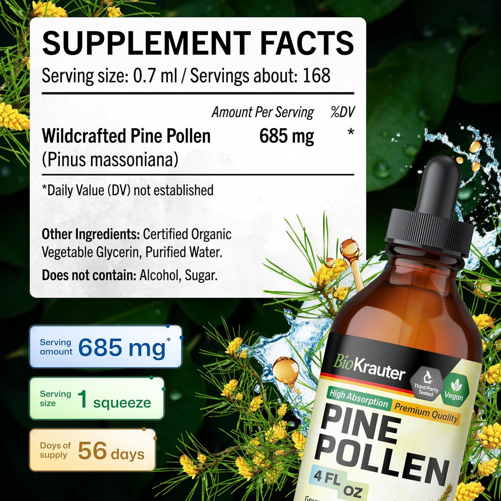 BIO KRAUTER® Polen de Pino para Hombres - Tintura Vegana Pura, 685 mg por ración, 118 ml (56 Días)