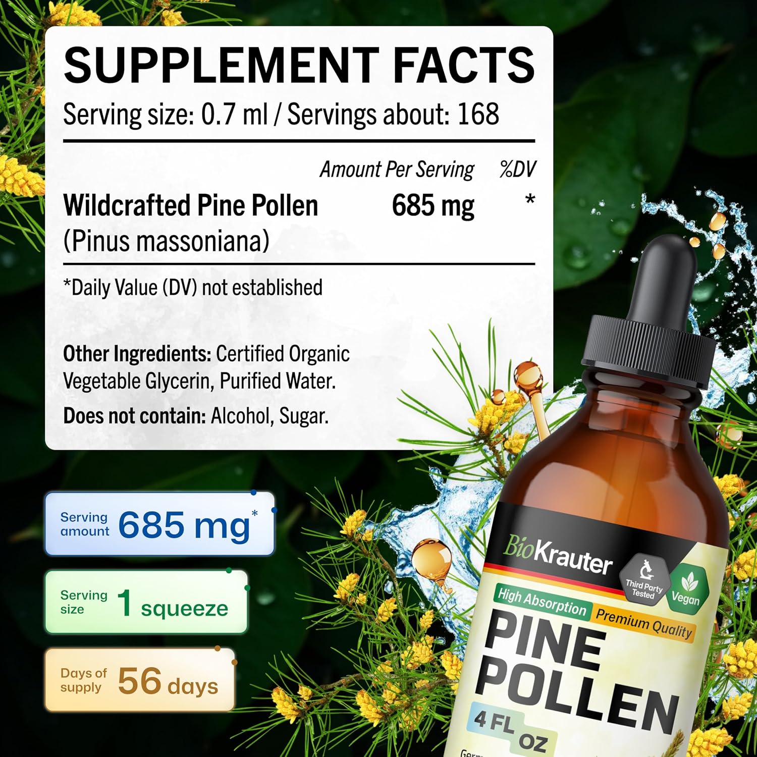 BIO KRAUTER® Polen de Pino para Hombres - Tintura Vegana Pura, 685 mg por ración, 118 ml (56 Días)