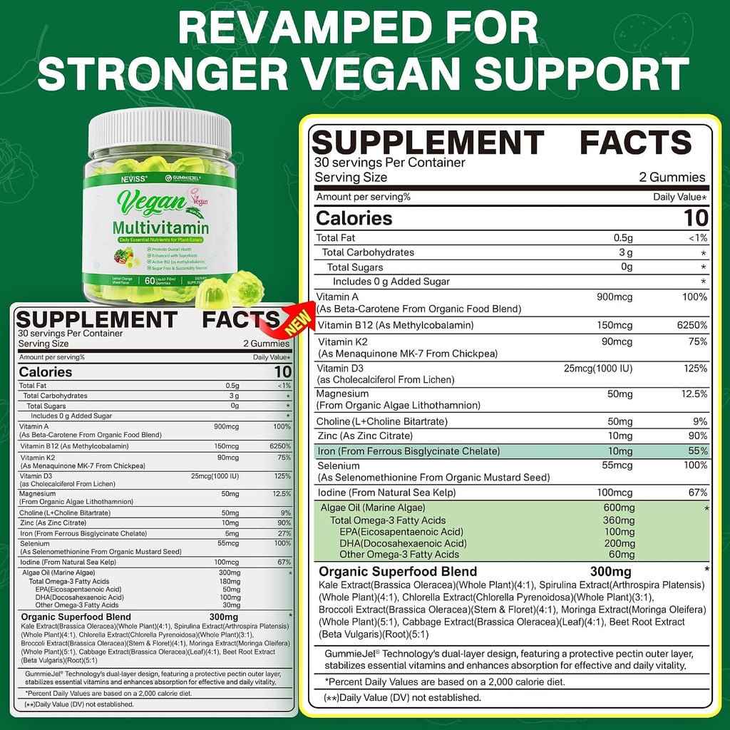 NEVISS Multivitamínico Vegano para Mujeres y Hombres - 60 Gominolas Sin Azúcar con B12, D3+K2, Omega-3, Hierro, Colina, Zinc