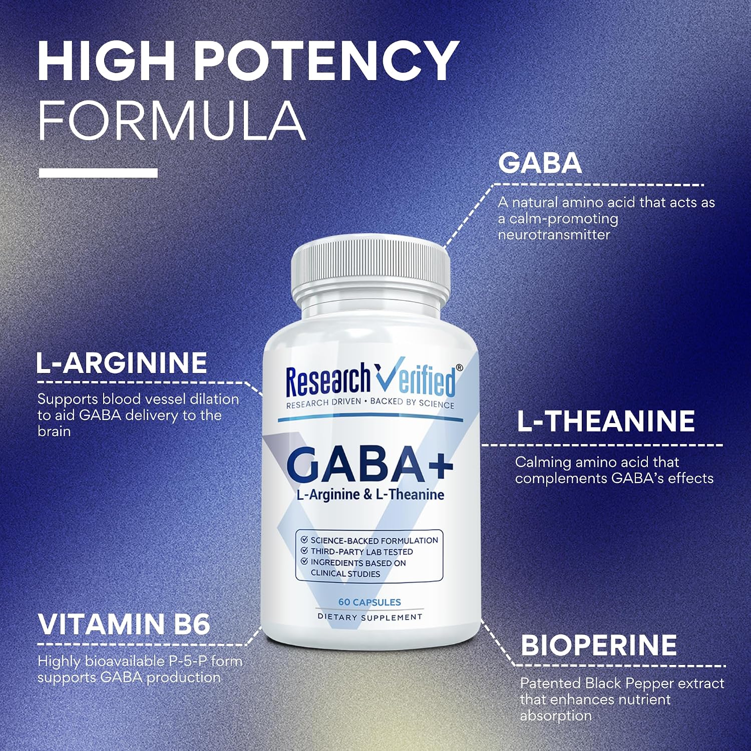 Research Verified GABA+ - 600mg GABA con L-Teanina y L-Arginina - 60 Cápsulas Veganas (Pack de 3)