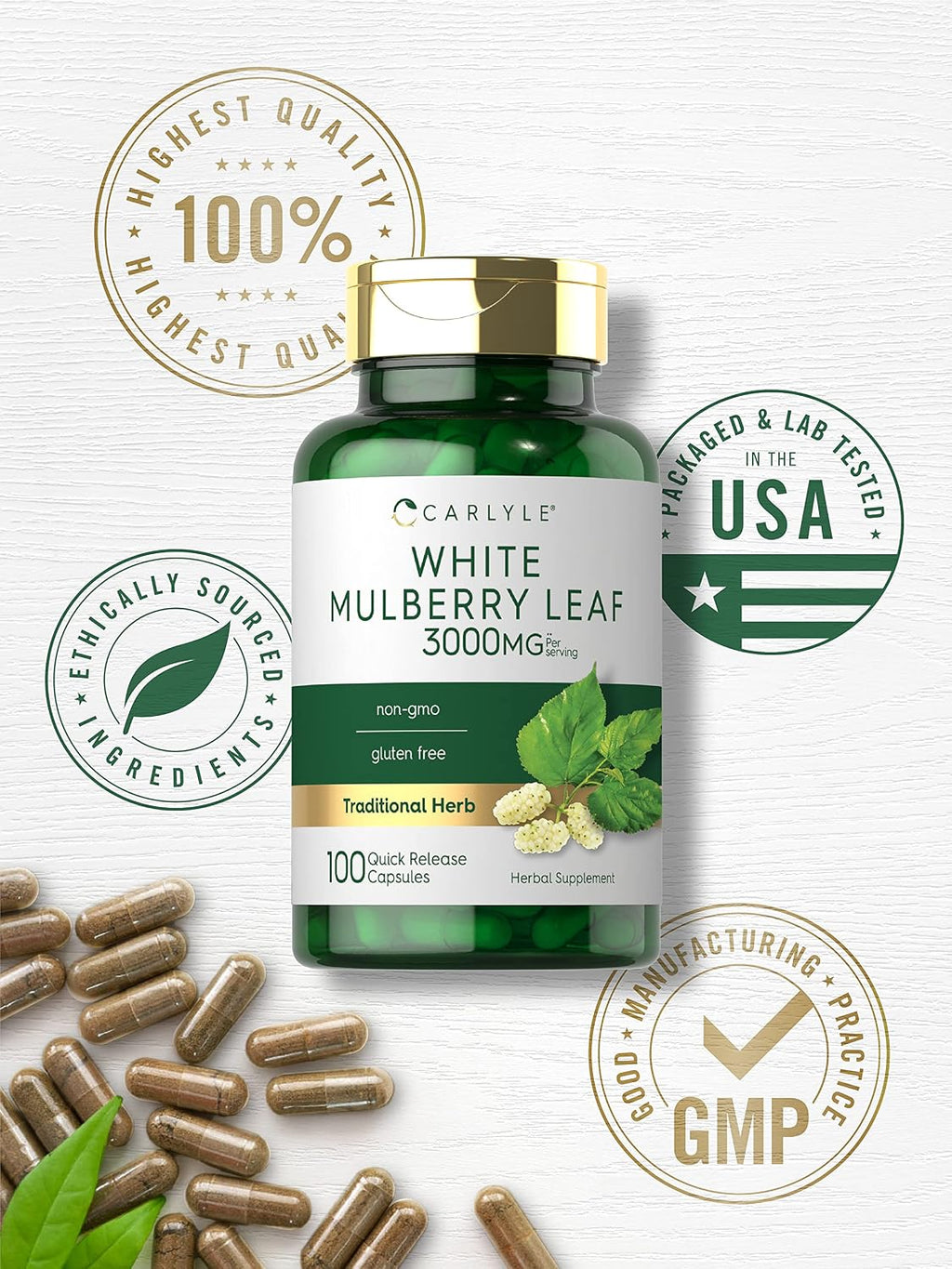 Carlyle Extracto de Hoja de Morera | 100 Cápsulas | Suplemento Herbal No-GMO y Sin Gluten