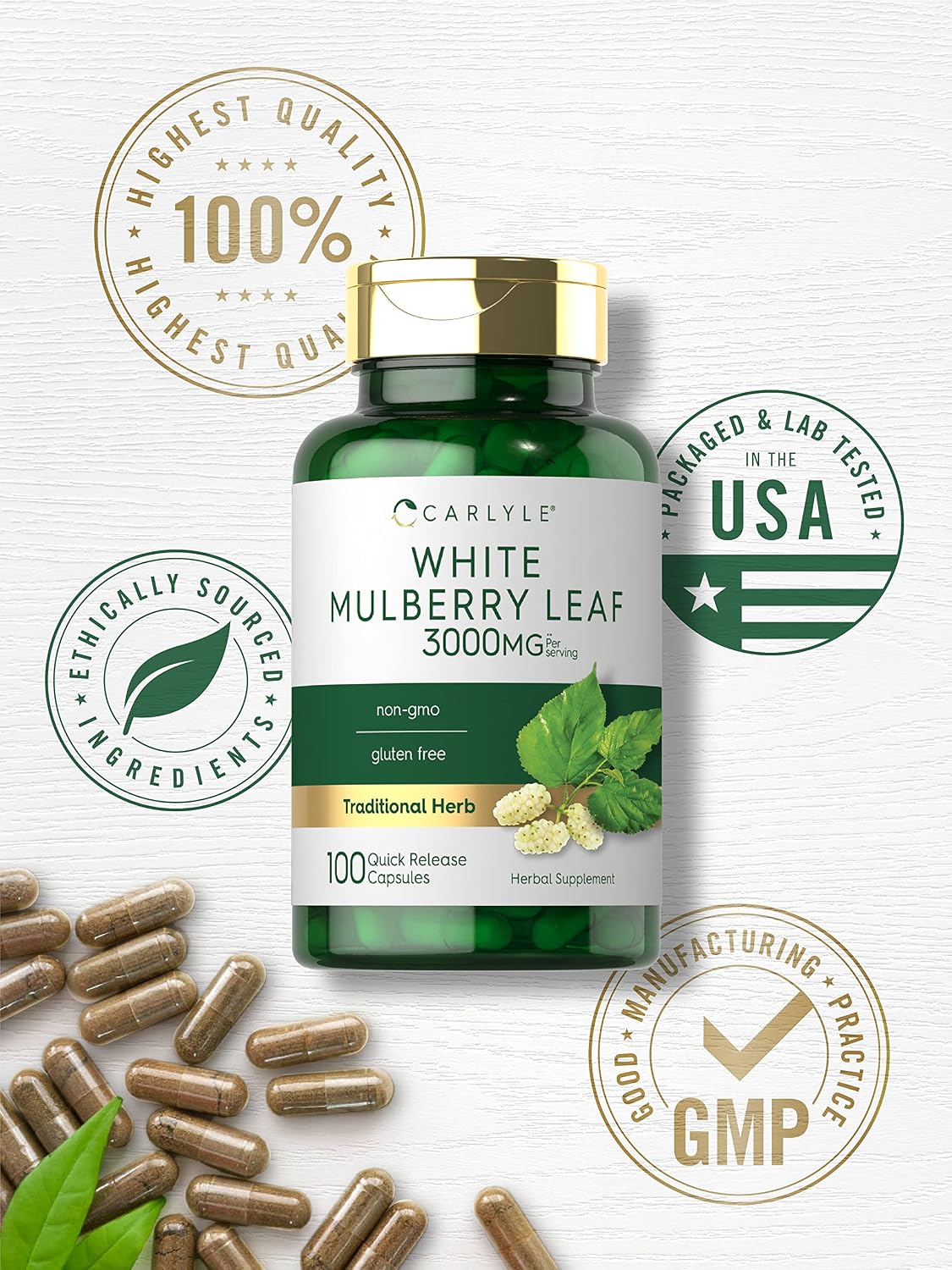 Carlyle Extracto de Hoja de Morera | 100 Cápsulas | Suplemento Herbal No-GMO y Sin Gluten