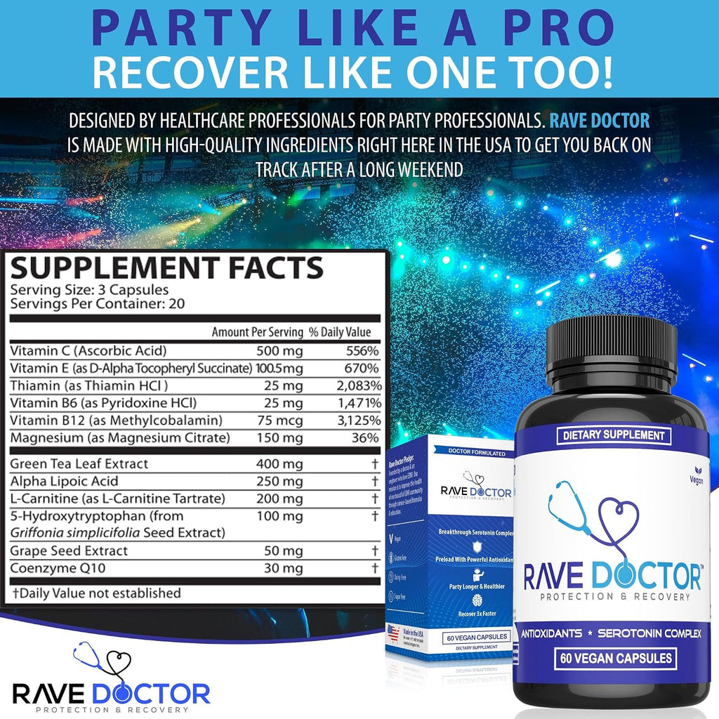 Rave Doctor 5 HTP Supplement – Complemento Alimenticio con 5-HTP, Vitaminas y Antioxidantes (Vegano)