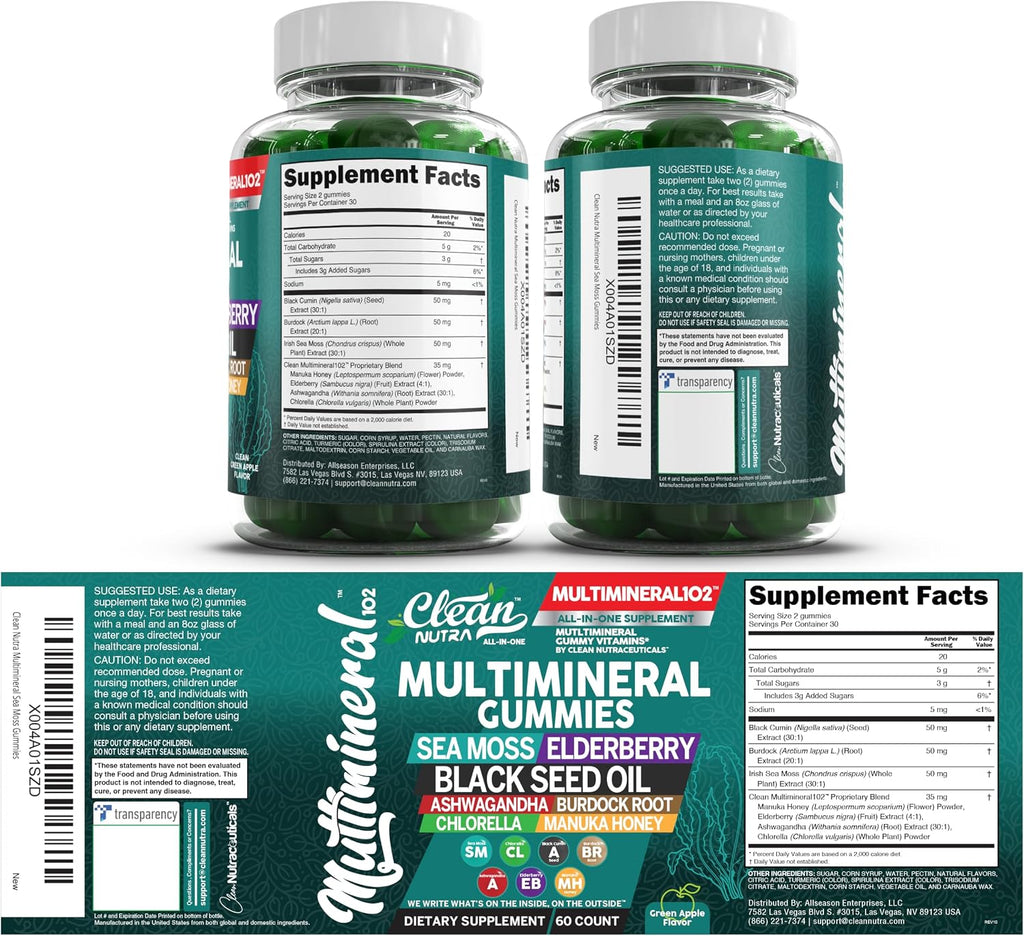 Gominolas de Sea Moss Multiminerales - Aceite de Semilla Negra, Ashwagandha, Saúco - Sabor Manzana Verde
