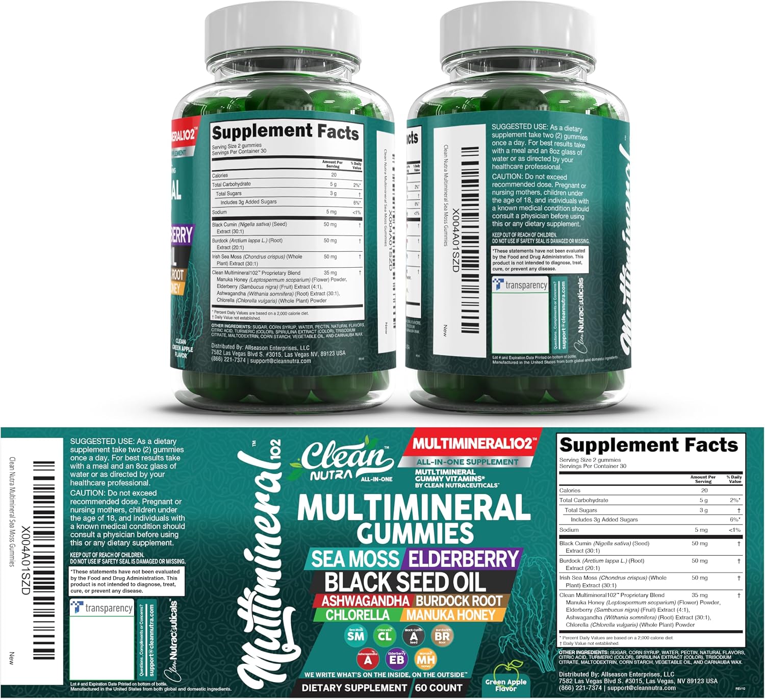 Gominolas de Sea Moss Multiminerales - Aceite de Semilla Negra, Ashwagandha, Saúco - Sabor Manzana Verde
