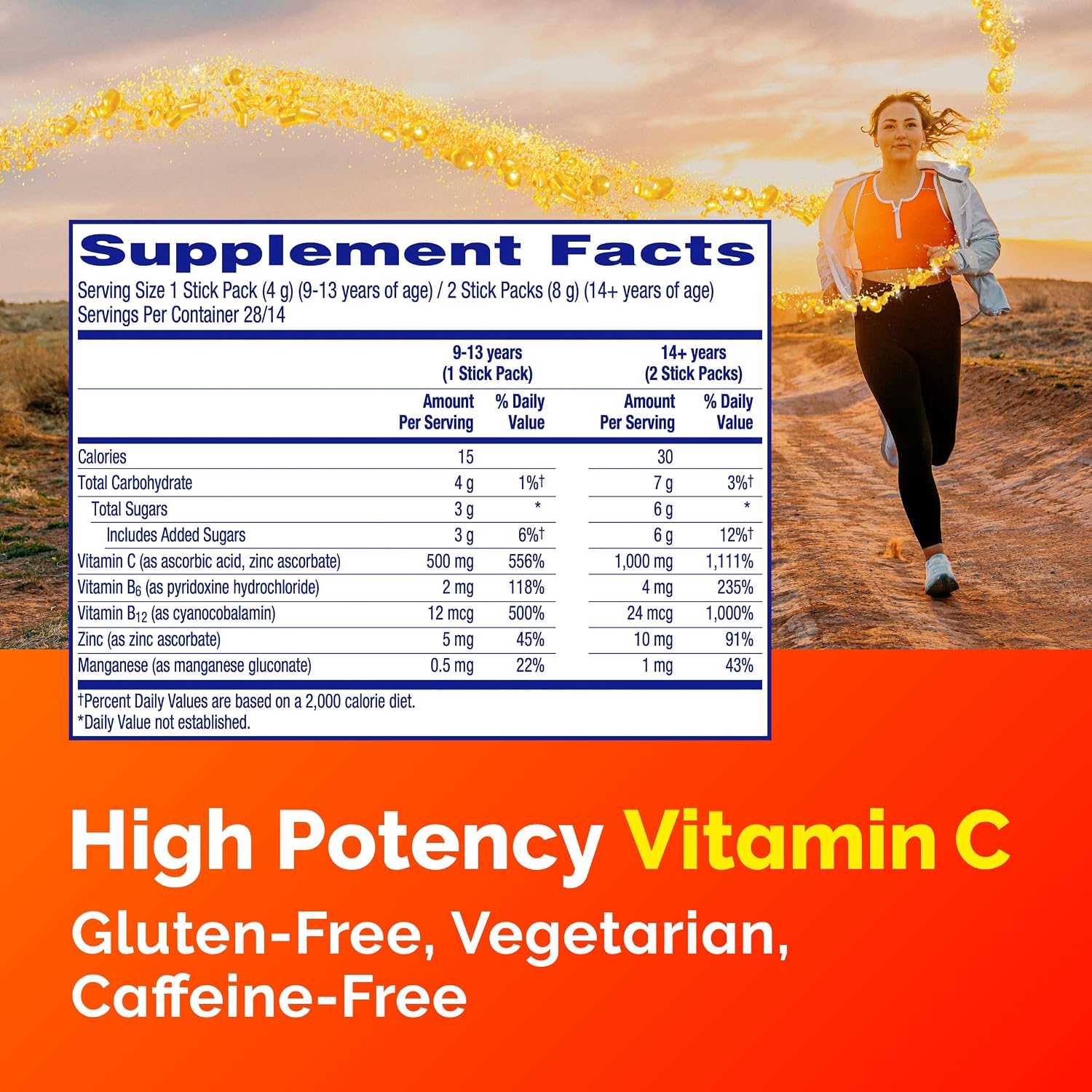 Emergen-C Crystals, Complemento Alimenticio con Vitamina C, Vitaminas del Grupo B, Zinc y Manganeso, Sabor Naranja Vitalidad - 56 Sticks