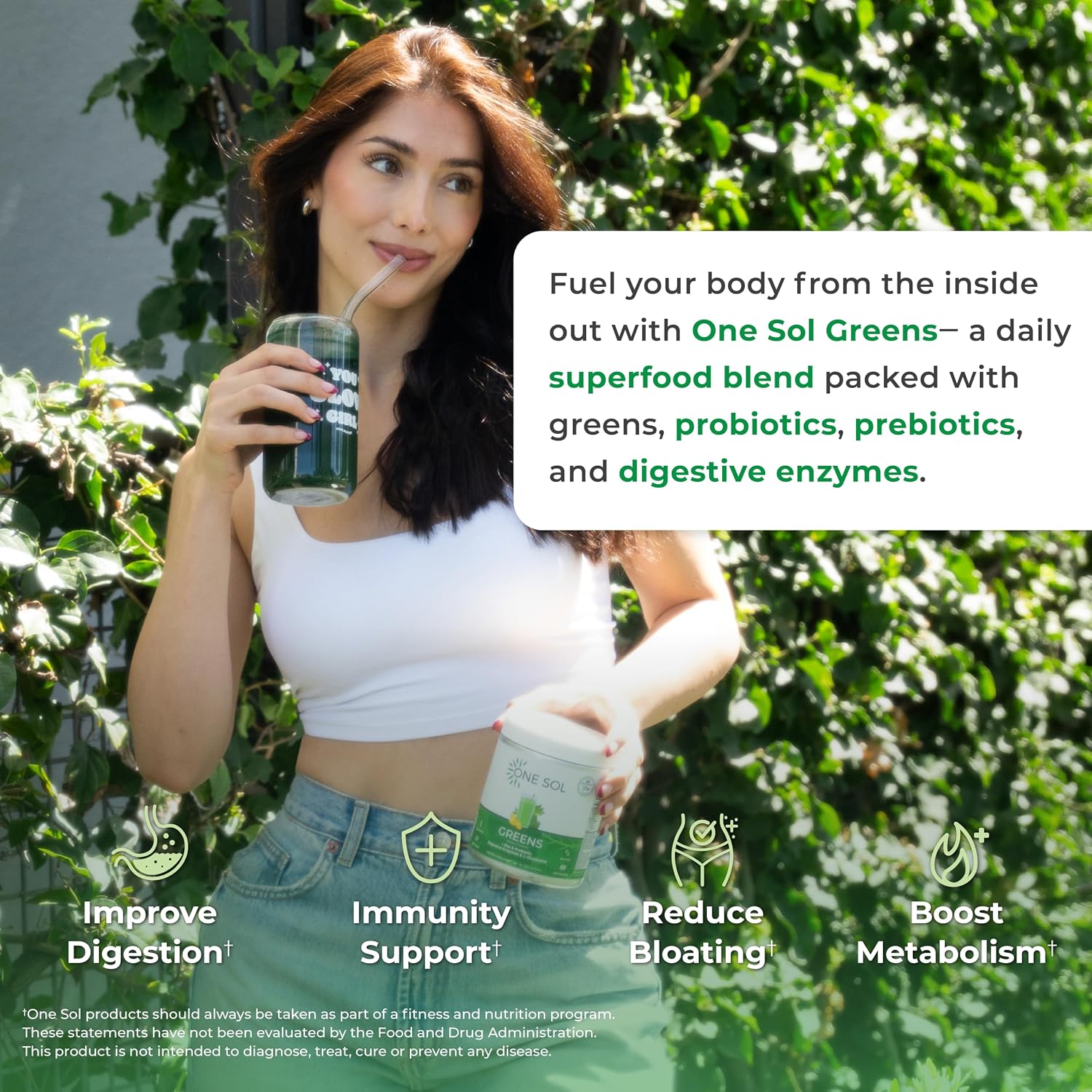 One Sol Greens, Super Greens en Polvo para Reducir la Hinchazón y Mejorar la Salud Digestiva, Mezcla de Superalimentos para Batidos, Prebiótico y Probiótico con Enzimas Digestivas, Vegano y Sin Soja