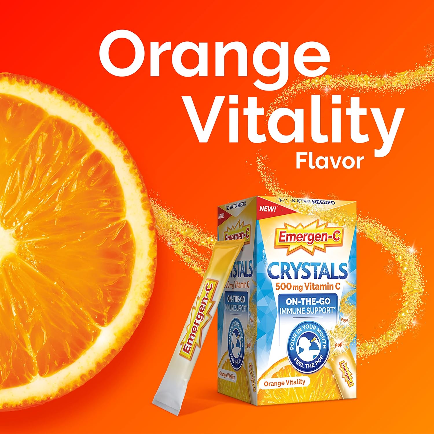 Emergen-C Crystals, On-the-Go, Suplemento de Vitamina C con Vitaminas B, Zinc y Manganeso, Sabor Naranja Vitalidad - 28 Sobres