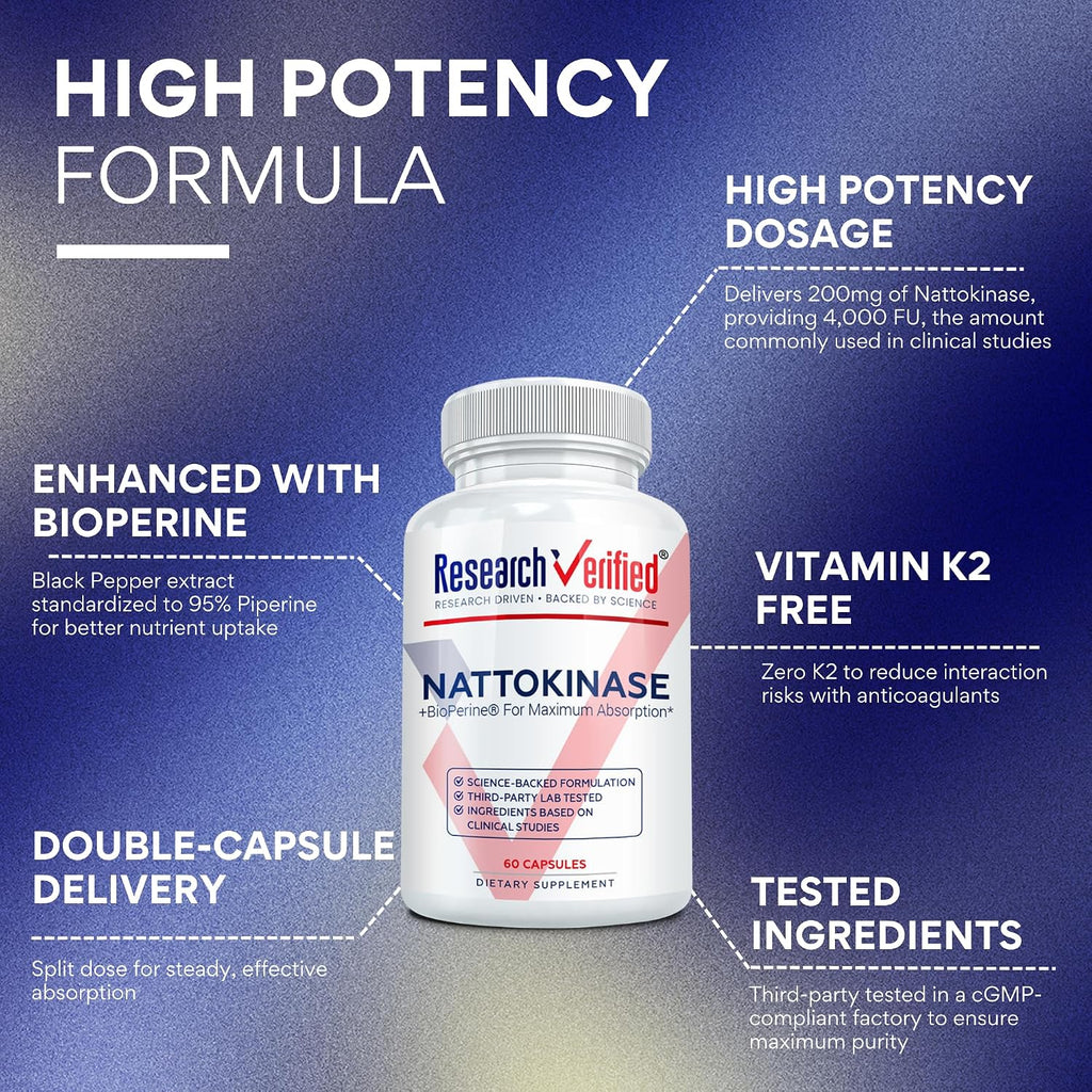 Research Verified Nattokinasa - 4000 FU - Apoyo Circulatorio - BioPerine, Sin Vitamina K2 - 60 Cápsulas - Pack de 3
