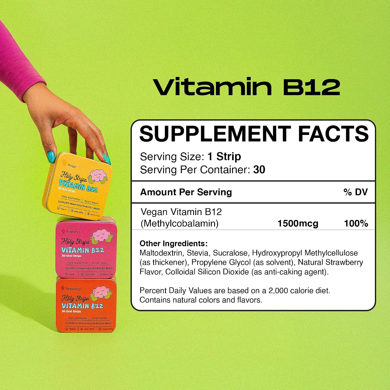 HOLY STRIPS Tiras de Vitamina B12 – Absorción Rápida, Vegano, Sin OGM, Sin Azúcar, Sabor Fresa, 30 unidades